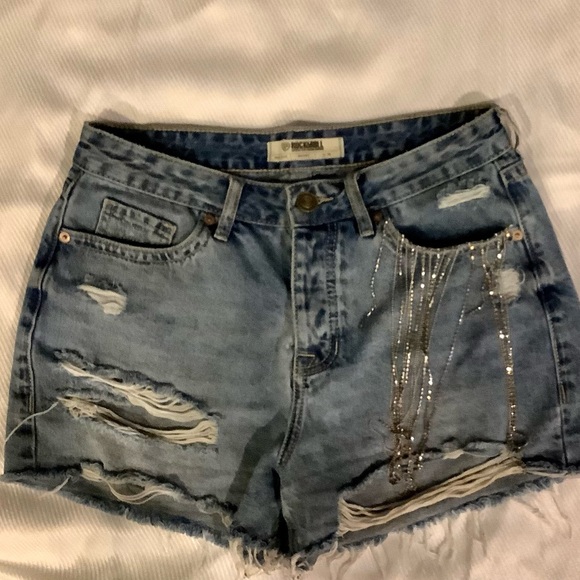 Rock & Roll Denim Shorts w/Rhinestones - Picture 2 of 4